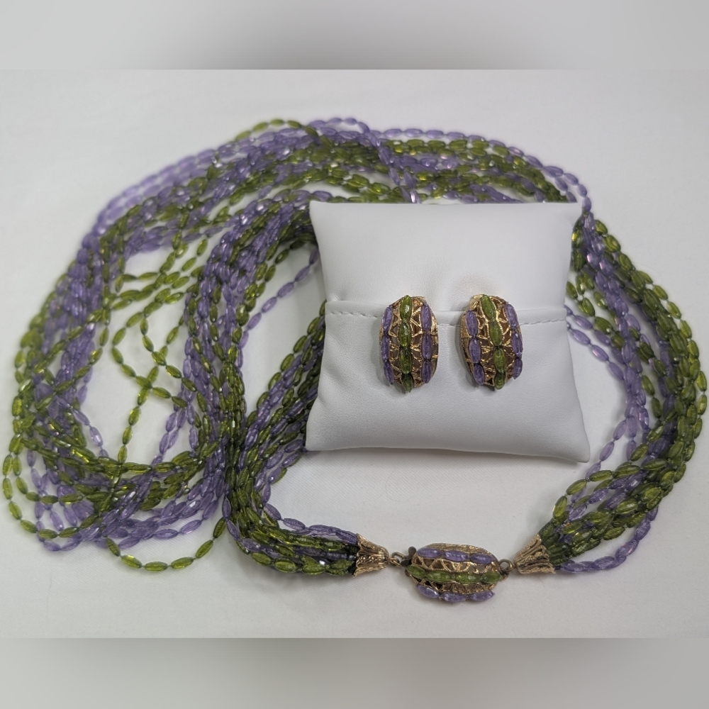 Vintage Purple And Green Statement Necklace & Earrings Set - Estate Jewelry - Picture 2 of 10